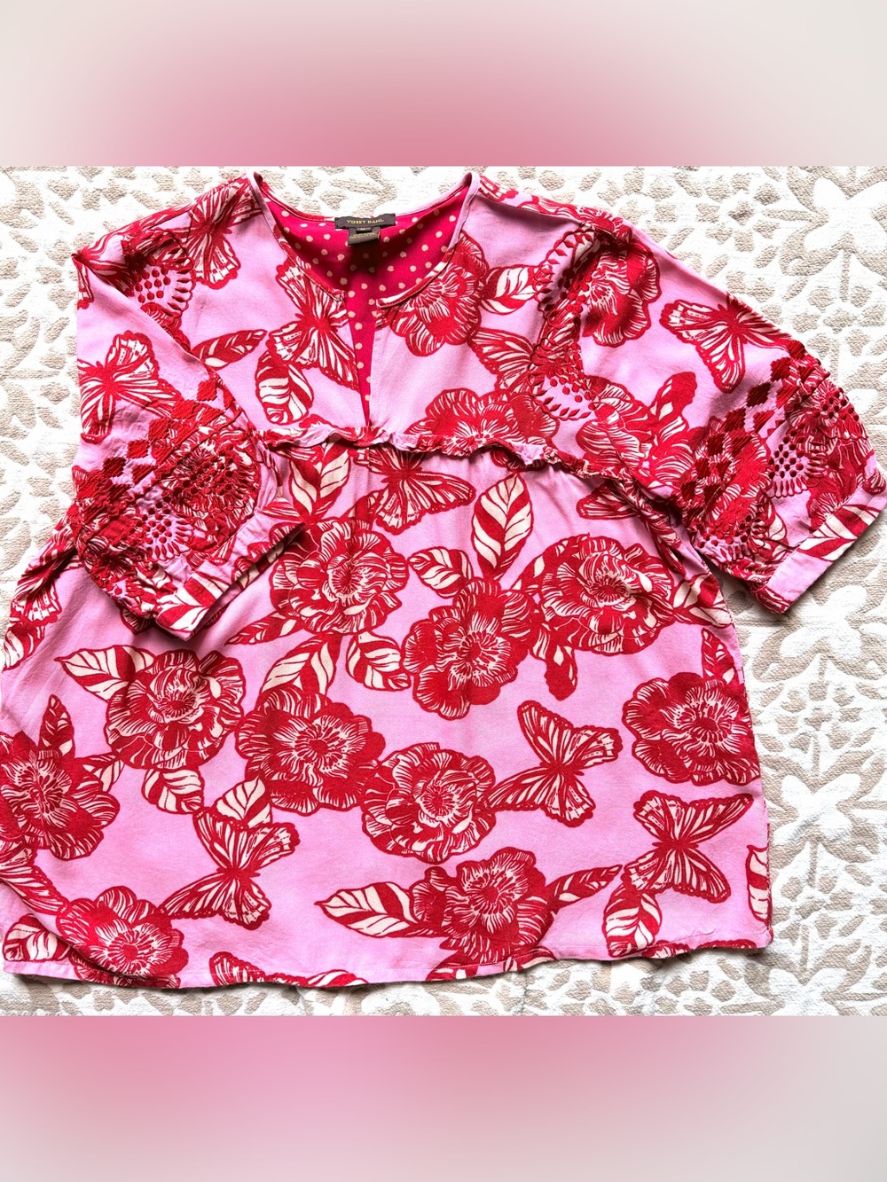 Beautiful Pink/Red Butterfly and Floral Top from Anthropologie